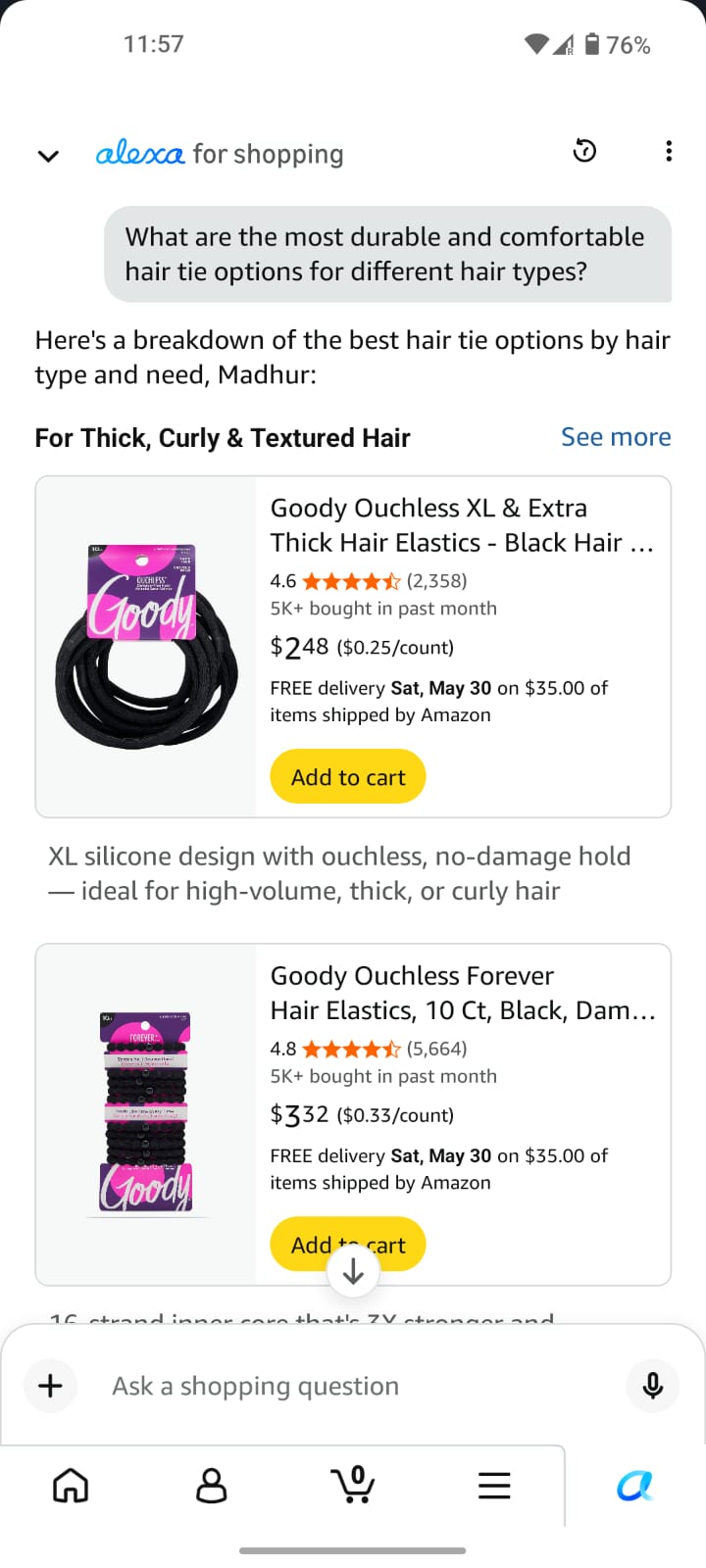 Alexa for Shopping showing curated product recommendations after a buyer clicks a suggested prompt, bypassing the search results page entirely