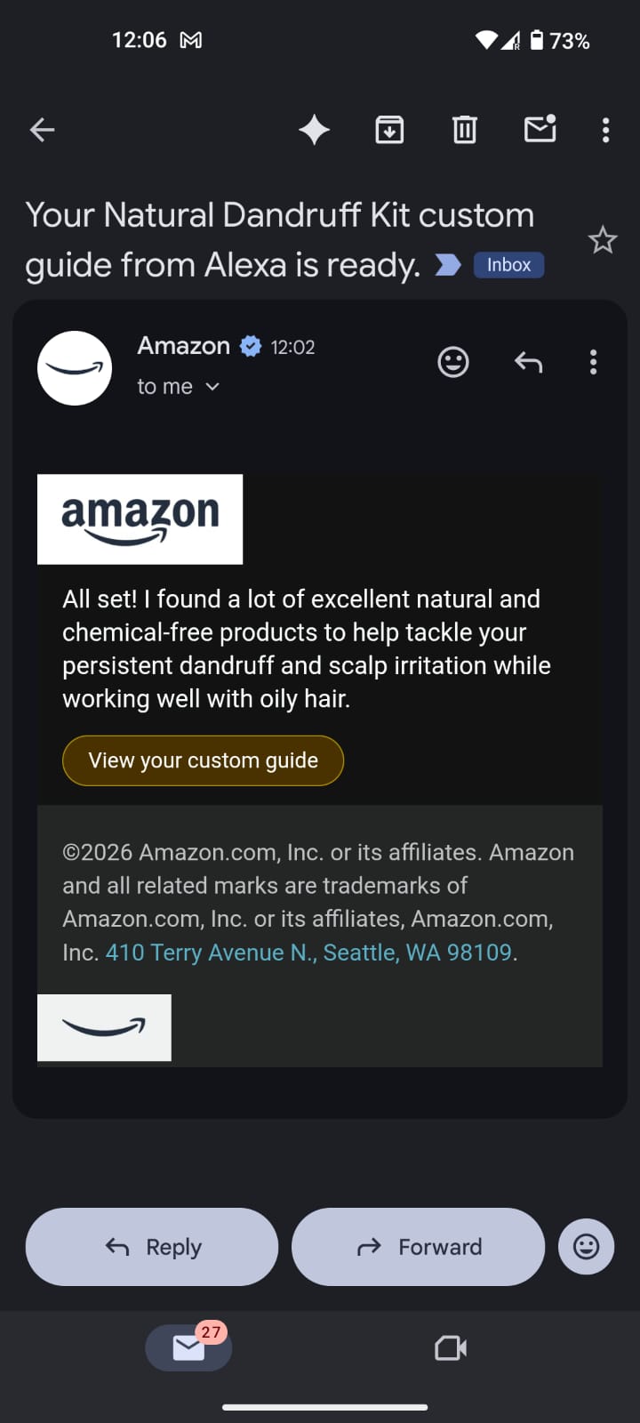 Amazon's follow-up email: "Your Natural Dandruff Kit custom guide from Alexa is ready", driving buyers back to Alexa's recommendations