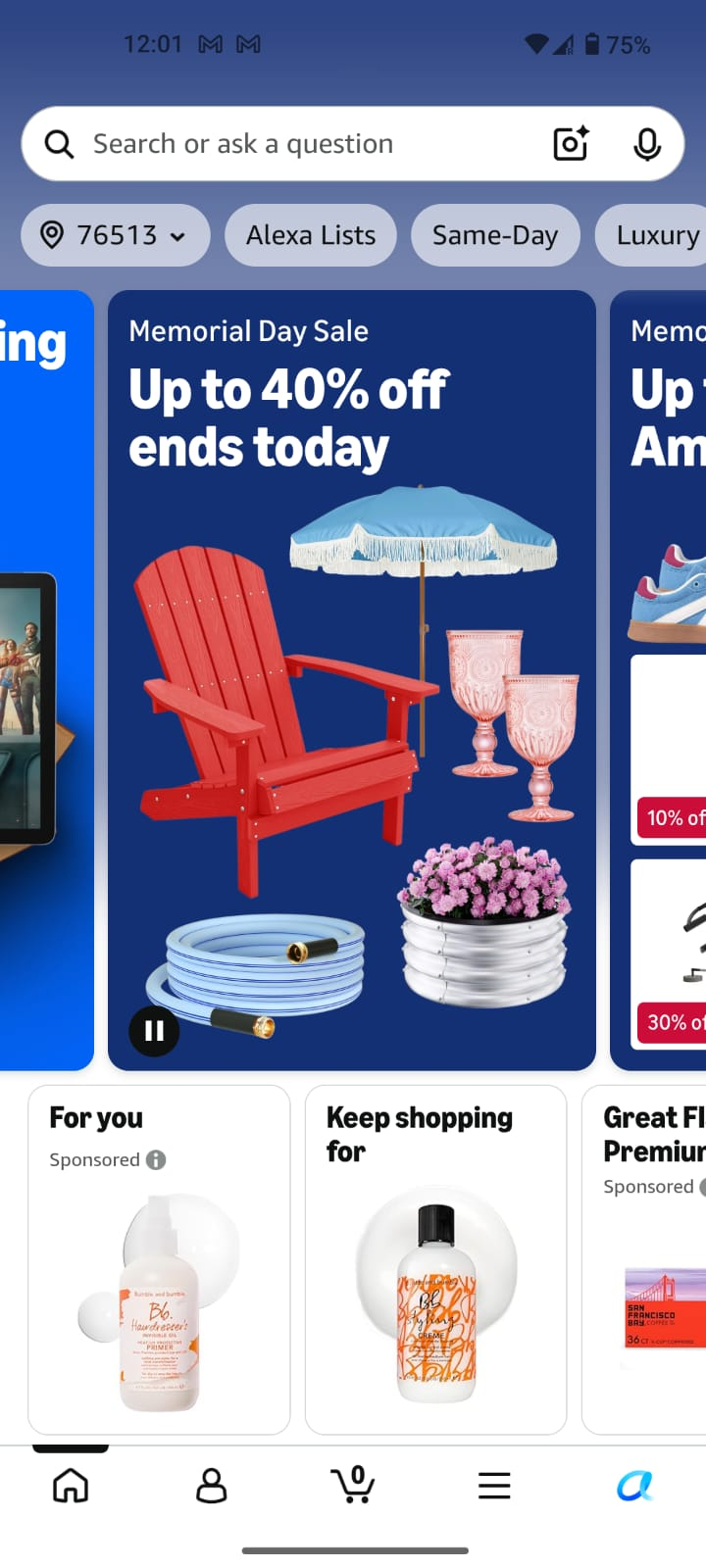 Close-up of the Alexa "a" button anchored in the bottom-right of the Amazon mobile app navigation bar