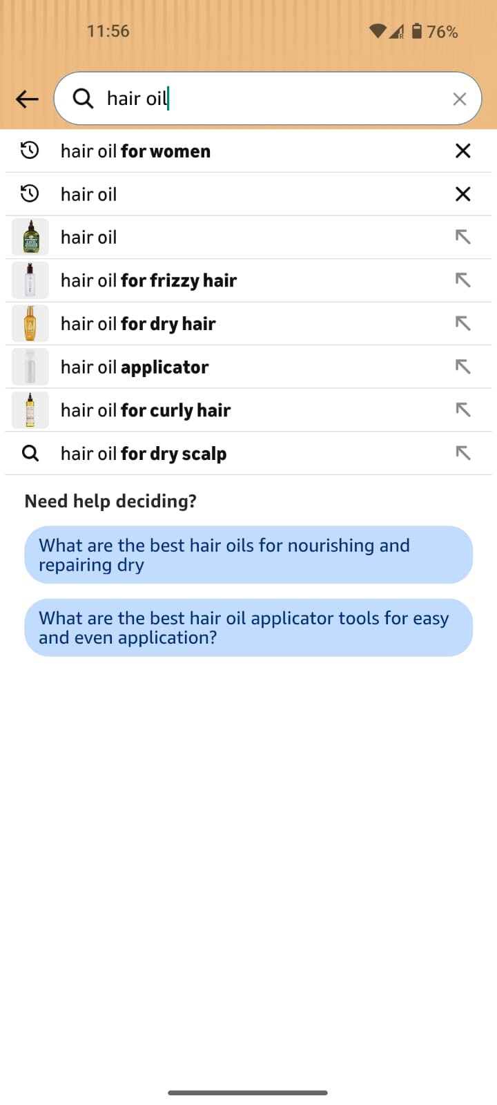 Amazon mobile search showing "Need help deciding?" with Alexa-suggested conversational prompts above the traditional keyword suggestions
