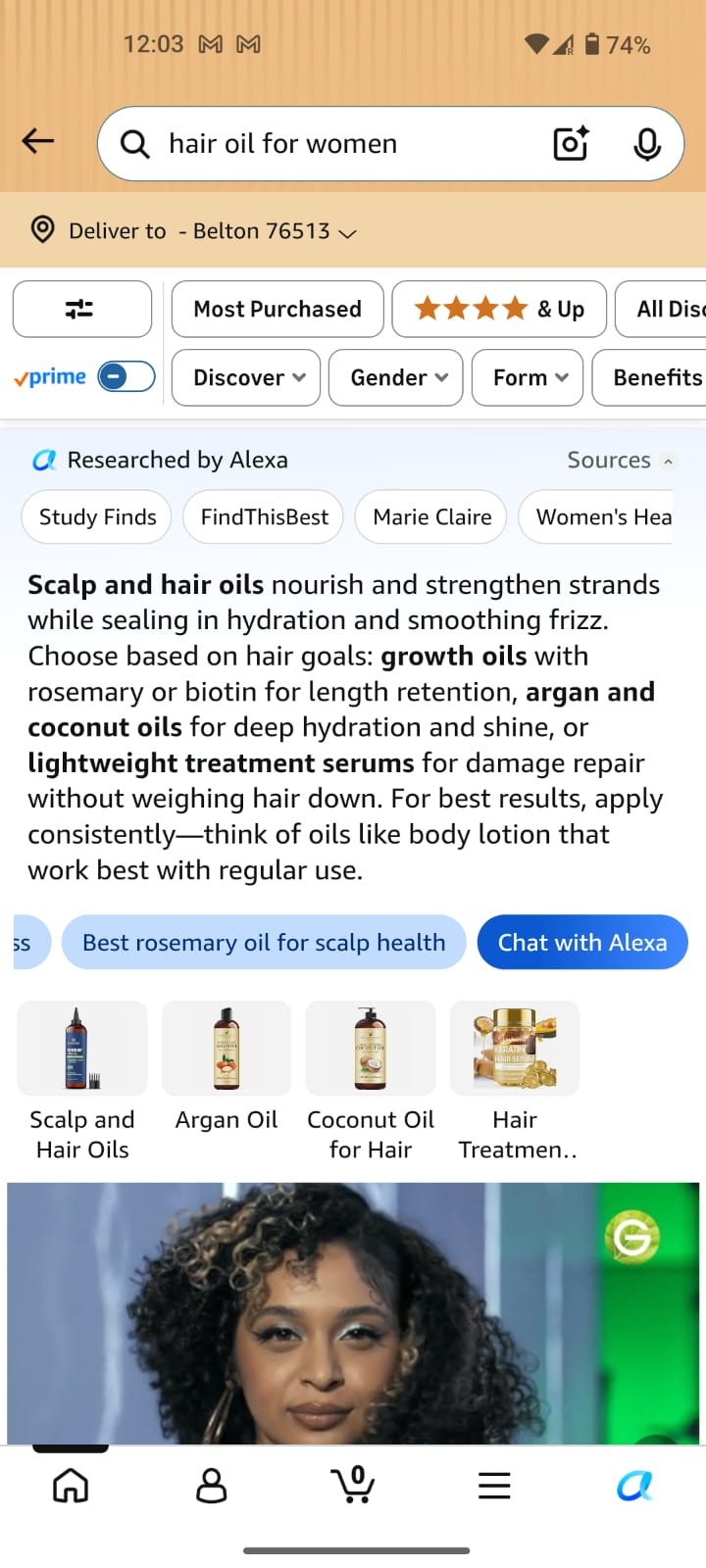 Amazon mobile search results with a "Researched by Alexa" banner citing Study Finds, FindThisBest, and Marie Claire as sources