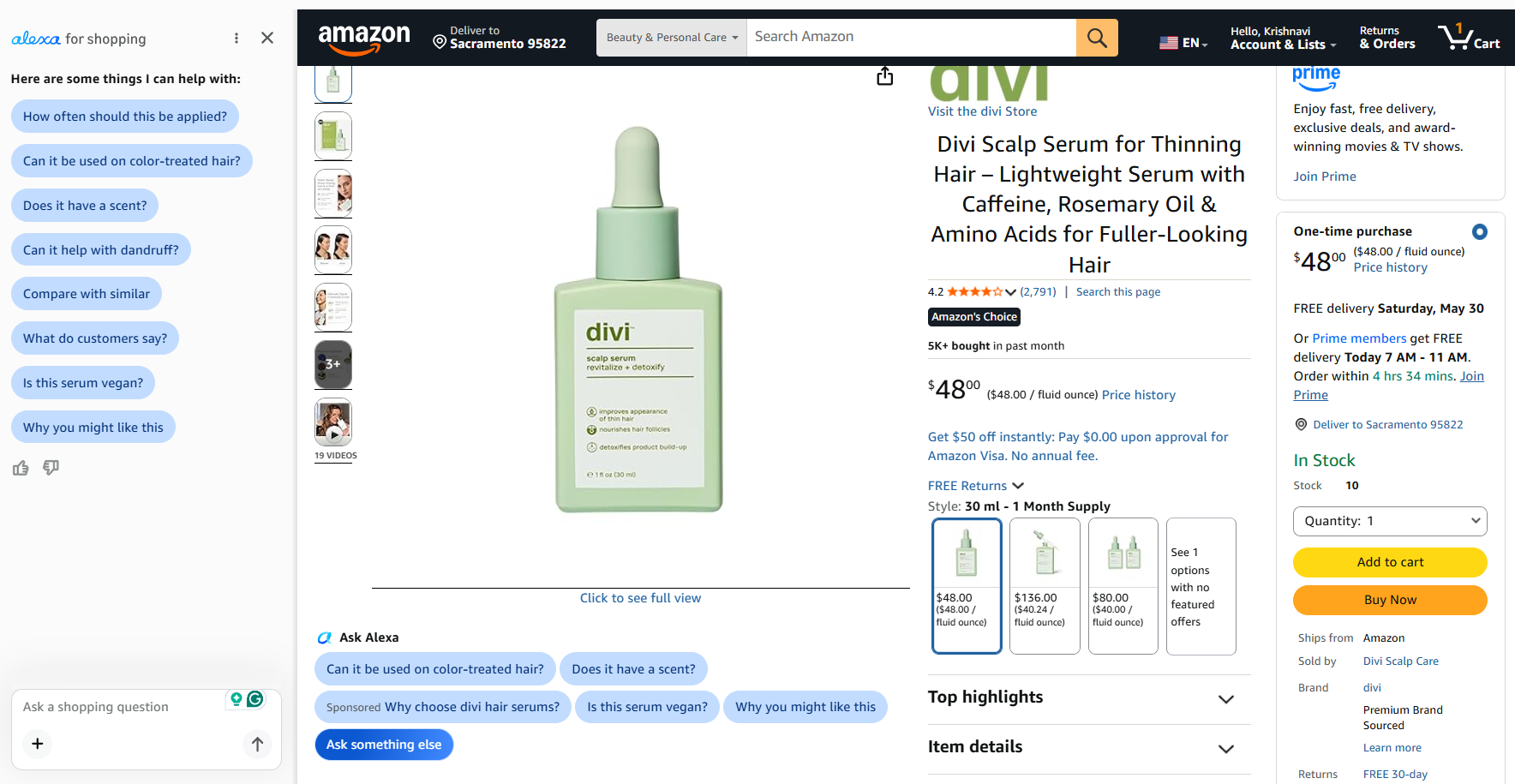Amazon listing page with bullet points collapsed behind dropdowns and Alexa-powered FAQs surfaced directly below the product image