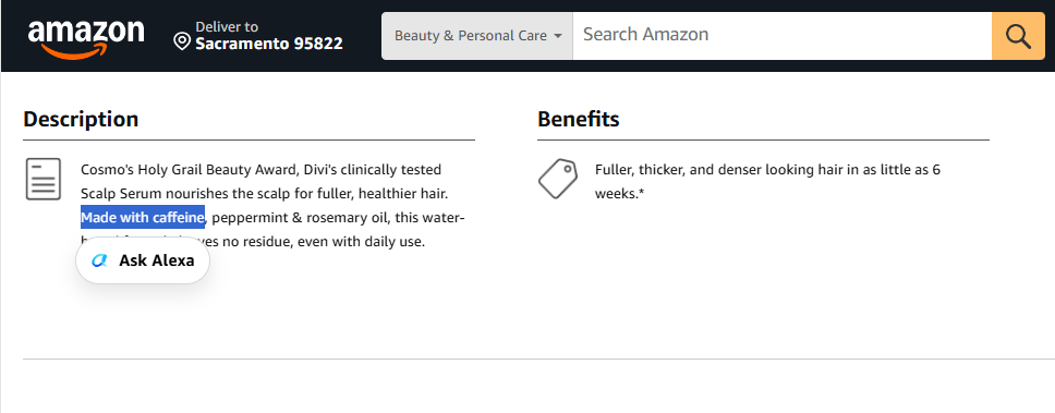 An "Ask Alexa" card appearing after a buyer clicks a text element on an Amazon product listing page