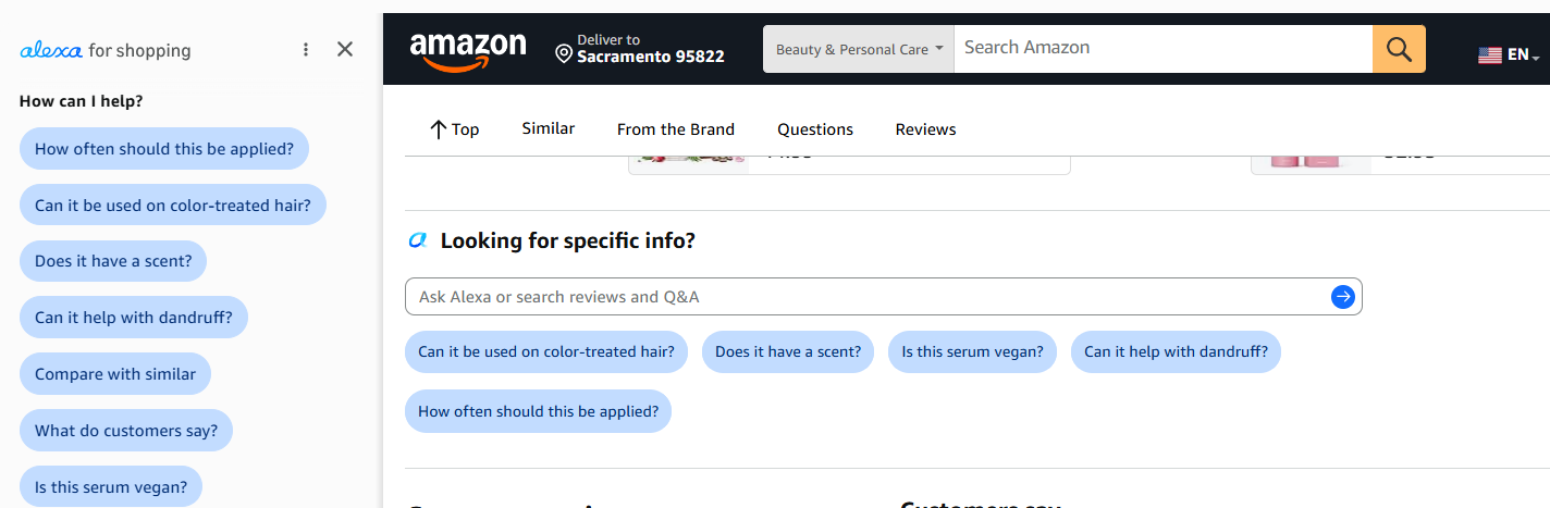 Alexa suggested prompts persisting inside the Amazon Q&A section, displacing community questions