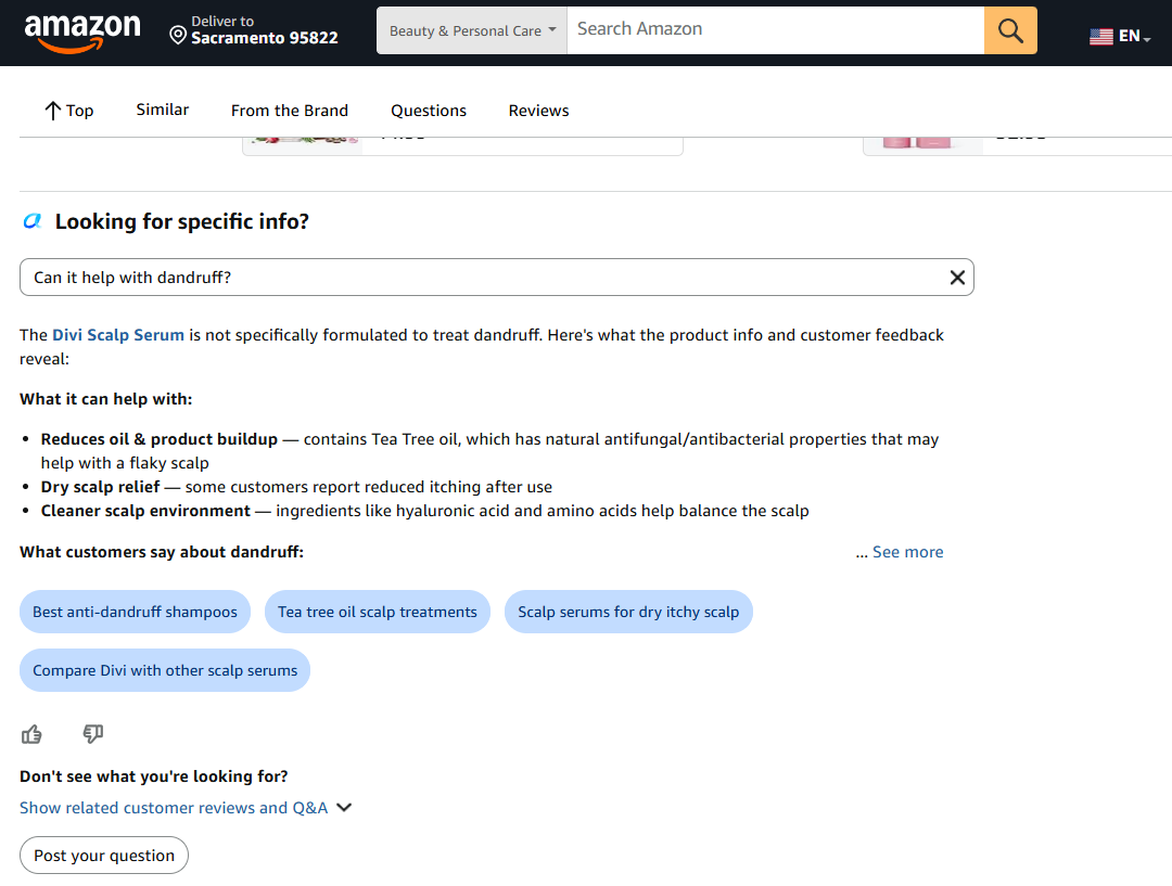 Alexa answering a buyer's Q&A question first, ahead of any seller or community response