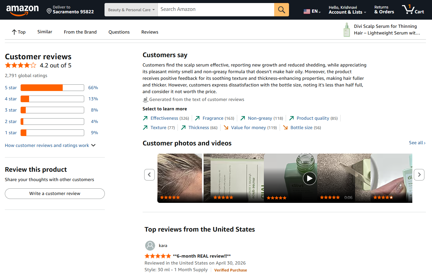 Alexa-generated AI summary of customer reviews pinned to the top of the reviews section