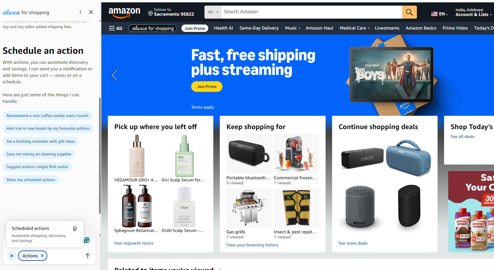 Alexa Scheduled Actions panel showing recurring shopping triggers like monthly coffee recommendations and price-drop alerts