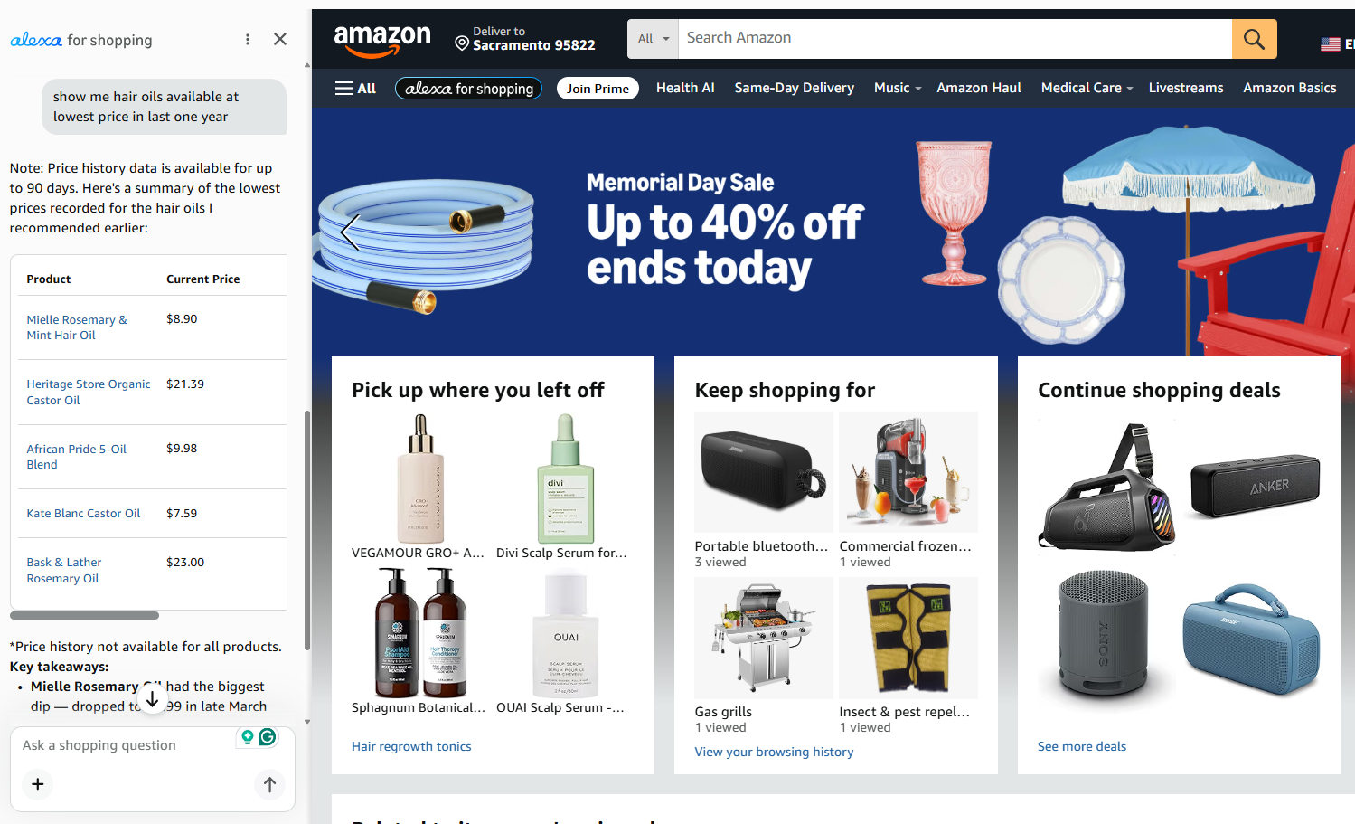 Alexa surfacing products at their lowest price in the last year, with a price-alert option for ongoing tracking