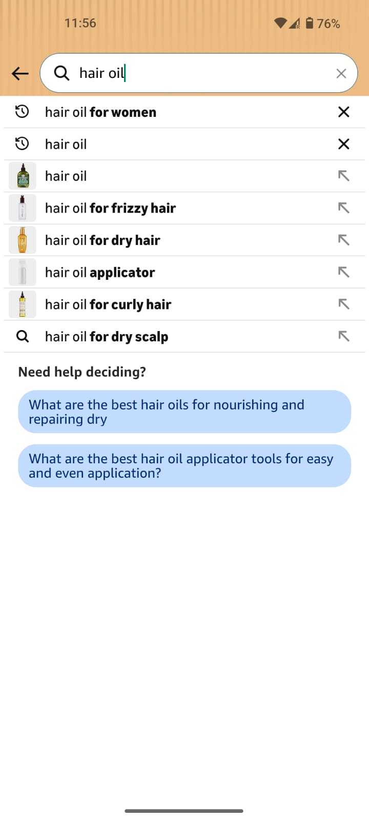Amazon search bar showing Alexa "Need help deciding?" prompts replacing traditional keyword autocomplete