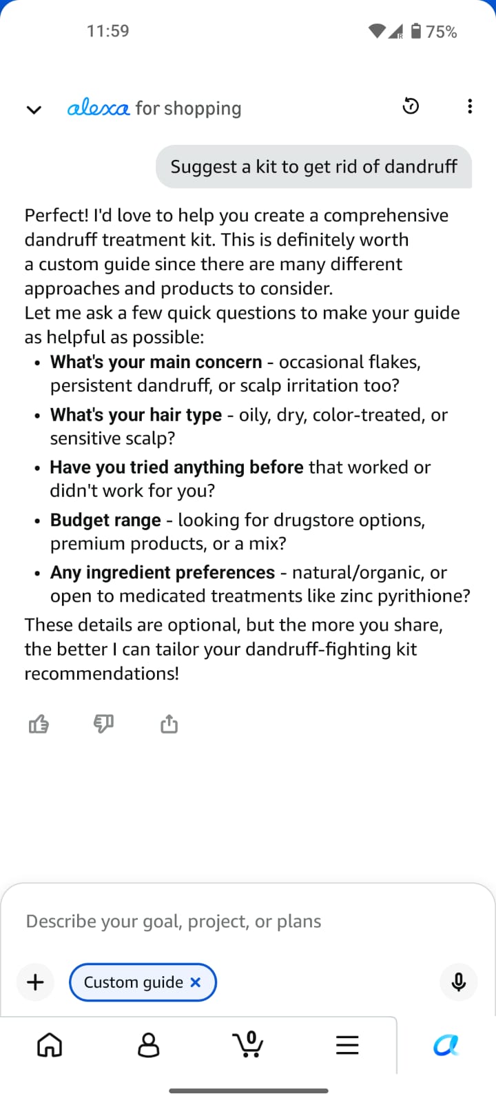 Alexa asks clarifying questions before building a custom shopping guide for a buyer's specific situation