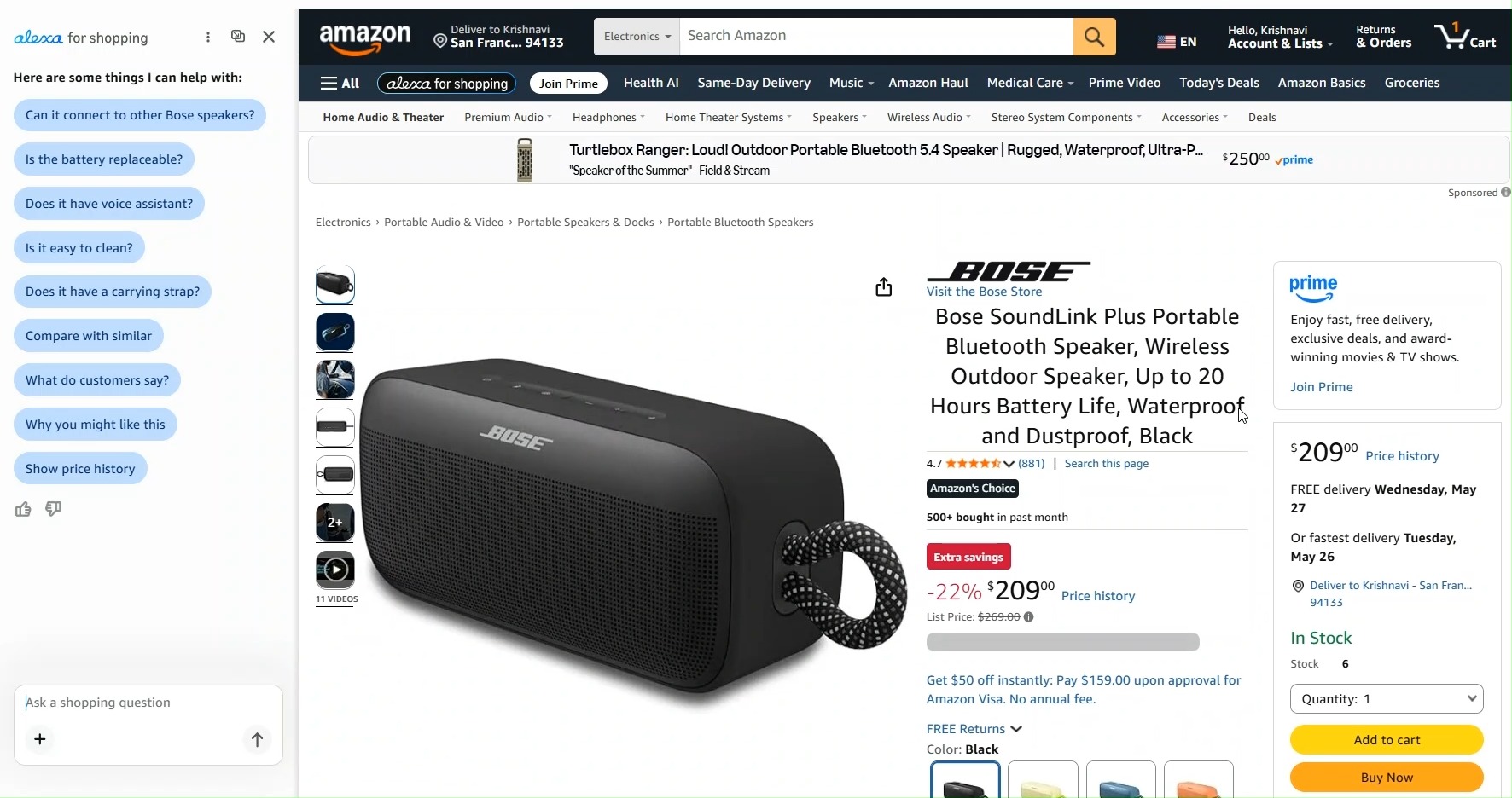 Amazon product page with Alexa for Shopping chat panel open