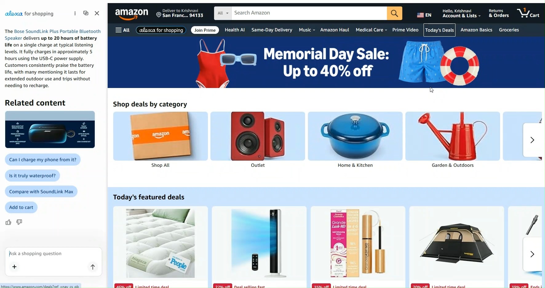 Amazon product page with Alexa for Shopping chat panel open