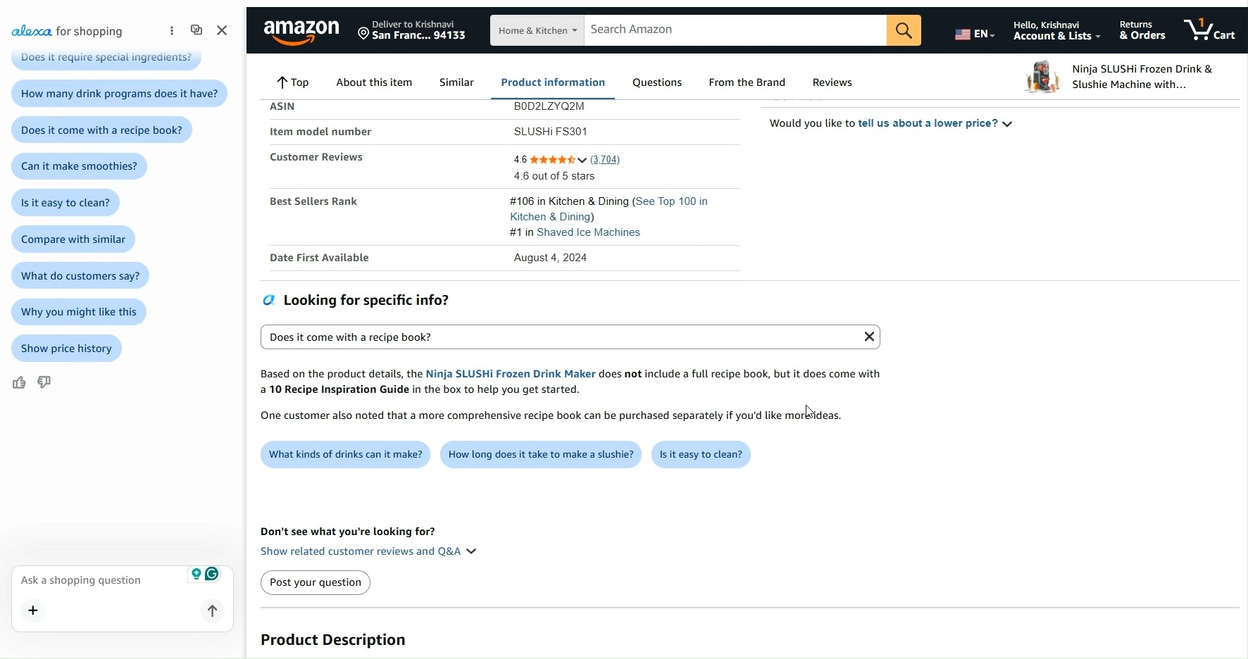 Amazon product page with Alexa for Shopping chat panel open