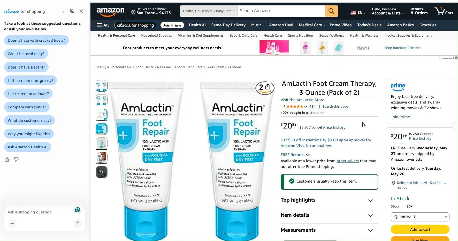 Amazon product page with Alexa for Shopping chat panel open